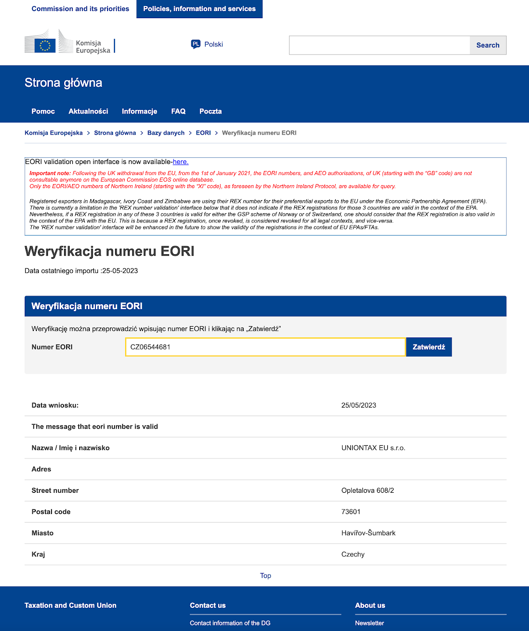 Weryfikacja numeru EORI w bazie Komisji Eurpejskiej